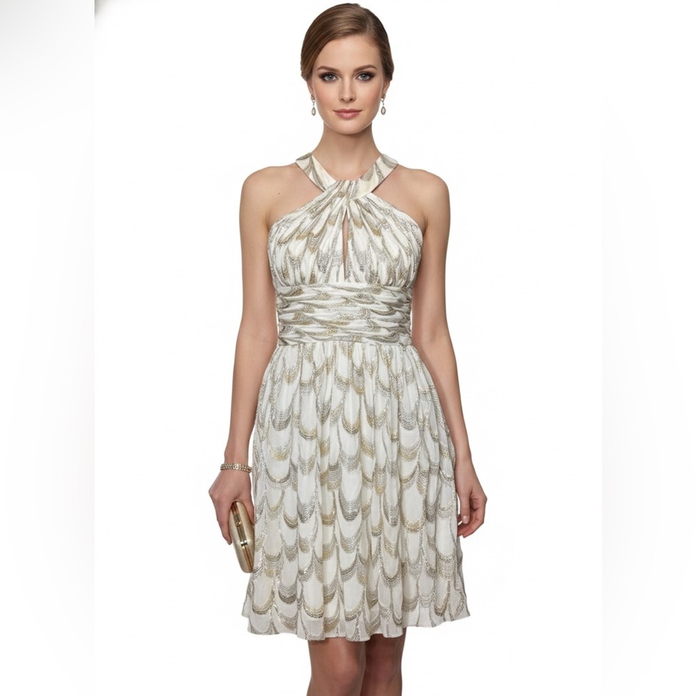 Aidan Mattox Silk Metallic Halter Dress Gold Ivory Size 6 Flawed
